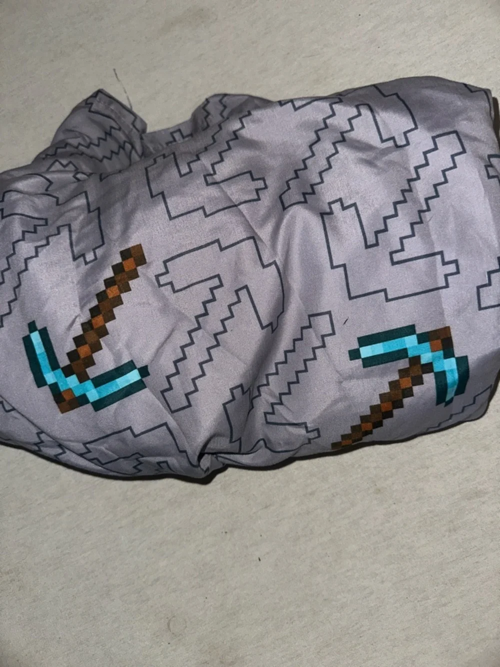 Pixel Pickaxe Print Bedding or Fabric - Gray with Teal & Brown Accents